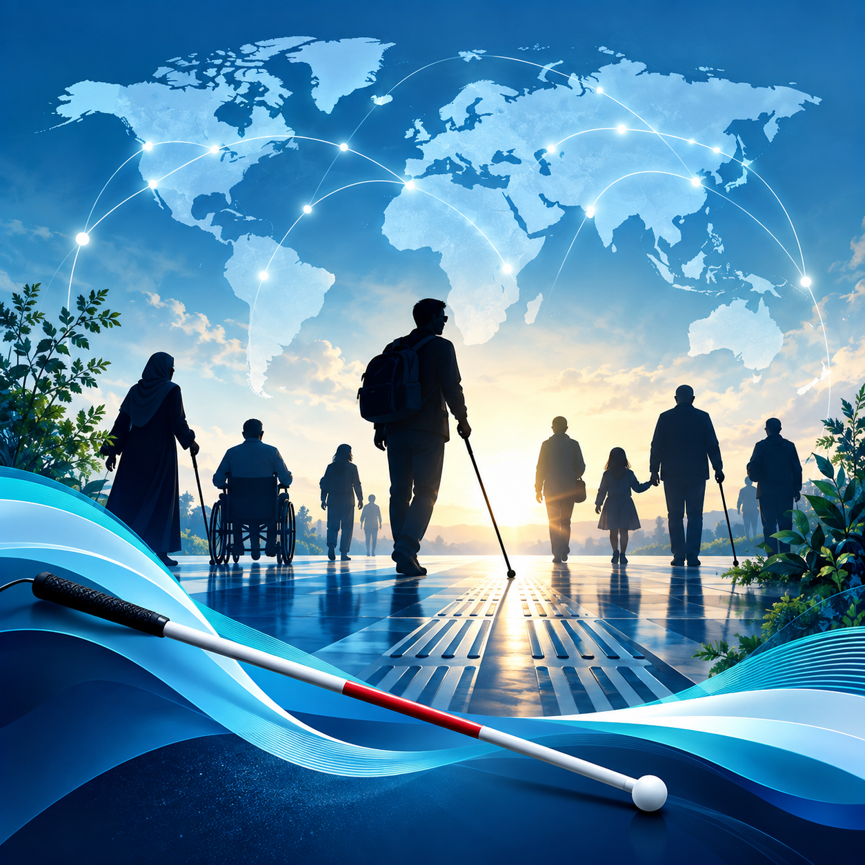 بنر آبی با نقشه جهان، عصای سفید و مسیر برجسته